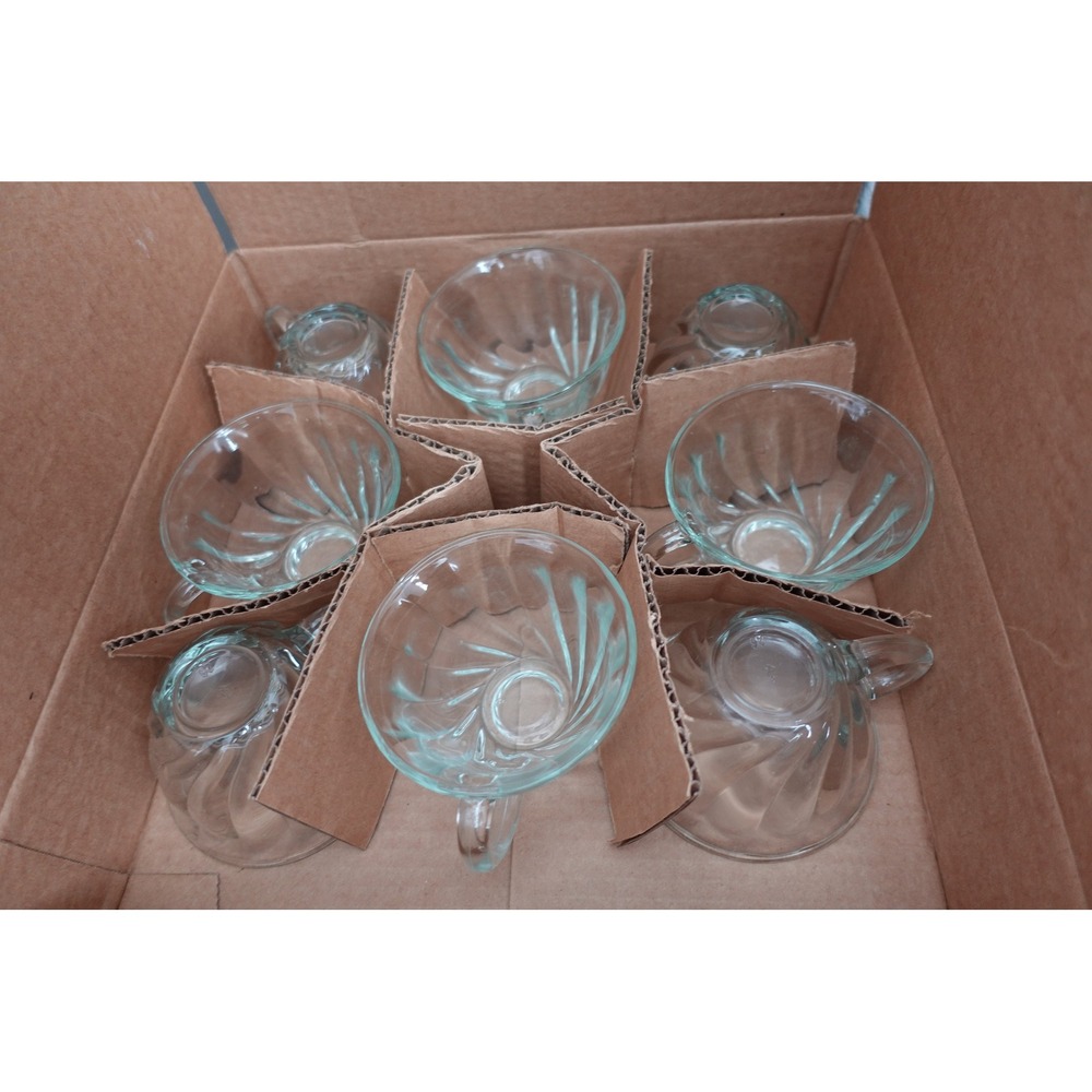 VTG Anchor Hocking Set of 8 Clear Glass‎ Tea Cups with Handles Swirl Design